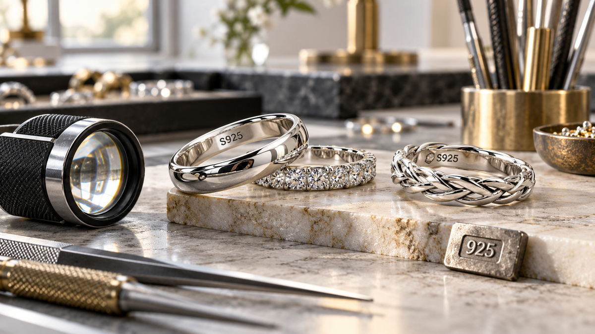 S925 sterling silver rings and hallmark on a jeweler workbench